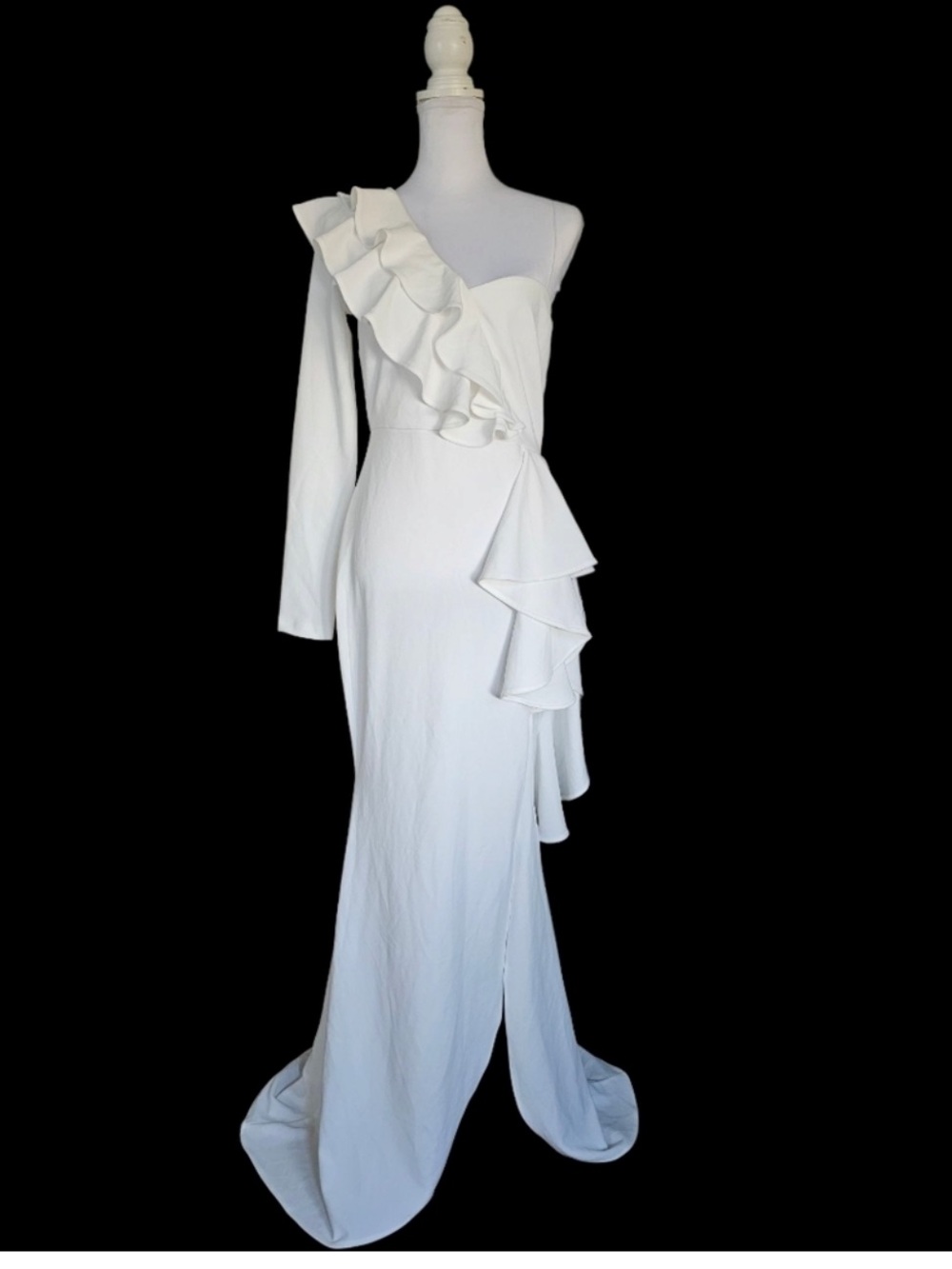 White Asymmetrical Ruffled Fitted Gown